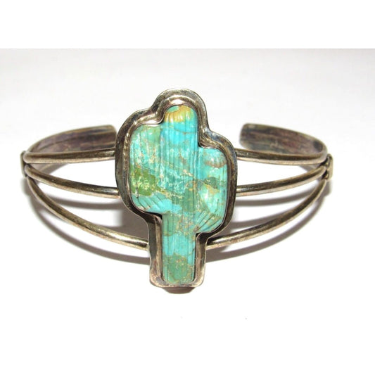 Navajo Royston Turquoise Cactus Bracelet Sterling Silver 