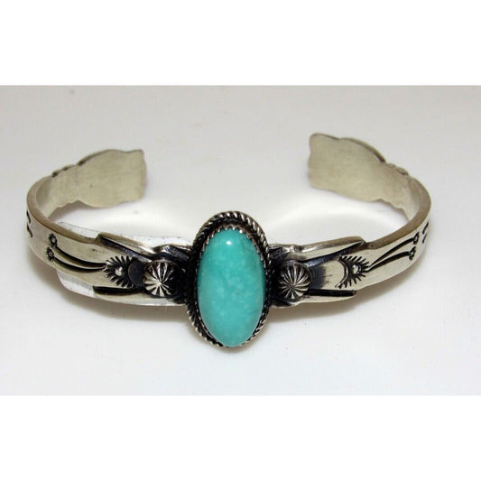 Navajo Royston Turquoise Cast Sterling Hand Etched Stacker 