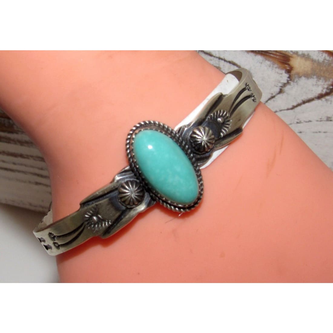 Navajo Royston Turquoise Cast Sterling Hand Etched Stacker 