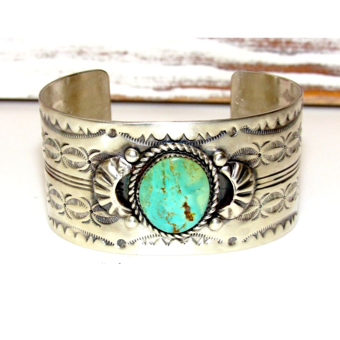 Navajo Royston Turquoise Cuff Bracelet Sterling Hand Stamped Repousse F Francis Native American
