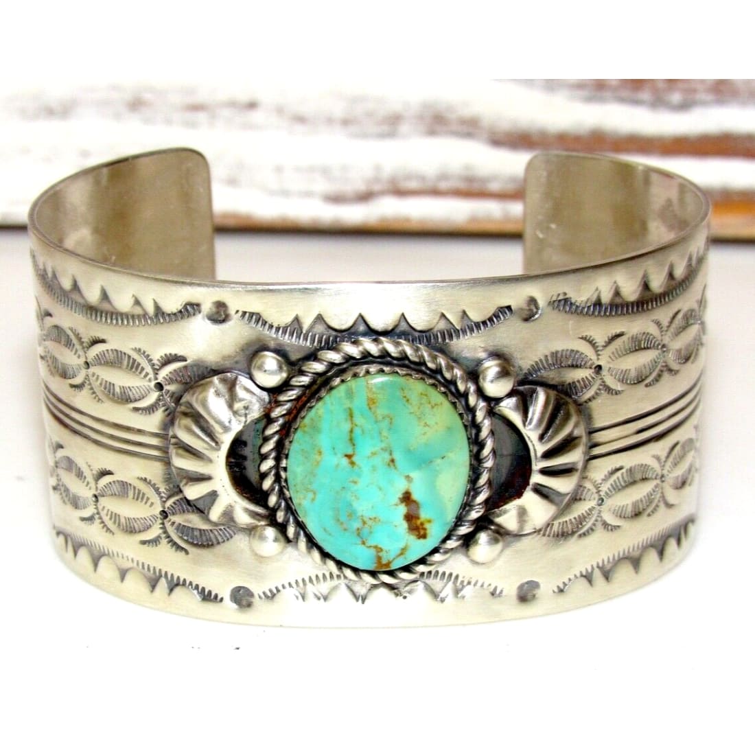Navajo Royston Turquoise Cuff Bracelet Sterling Hand Stamped Repousse F Francis Native American