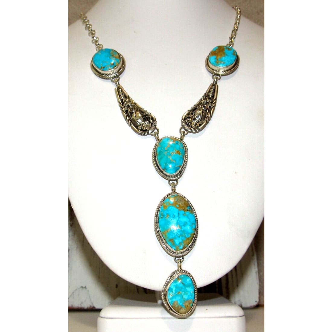 Navajo Royston Turquoise Lariat Necklace Sterling Silver 