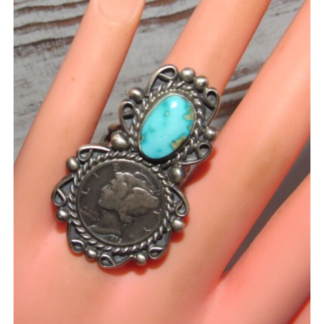 Navajo Royston Turquoise Liberty Coin Ring Size 6.5 Native 