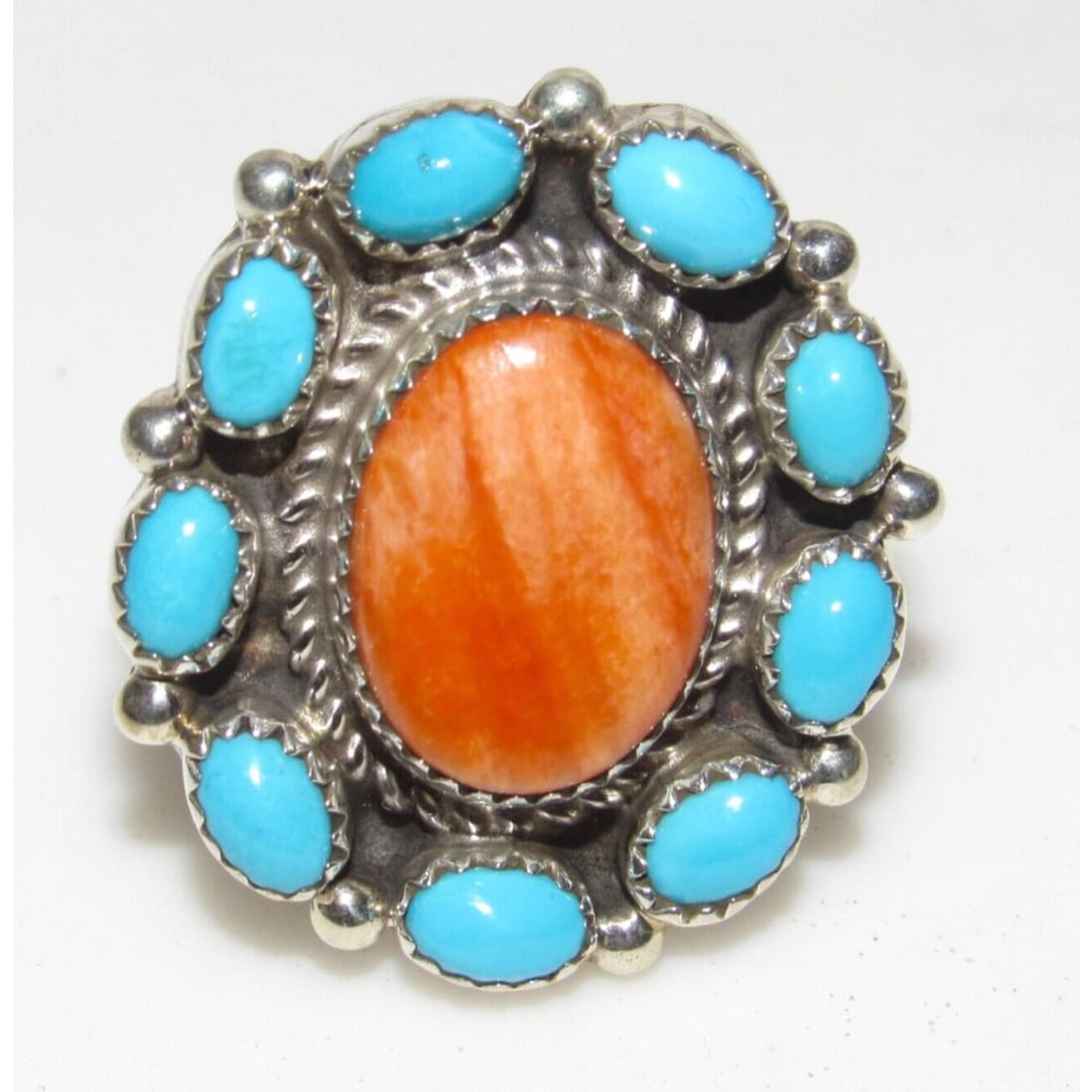 Navajo Royston Turquoise Orange Spiny Cluster Ring Sz 8 