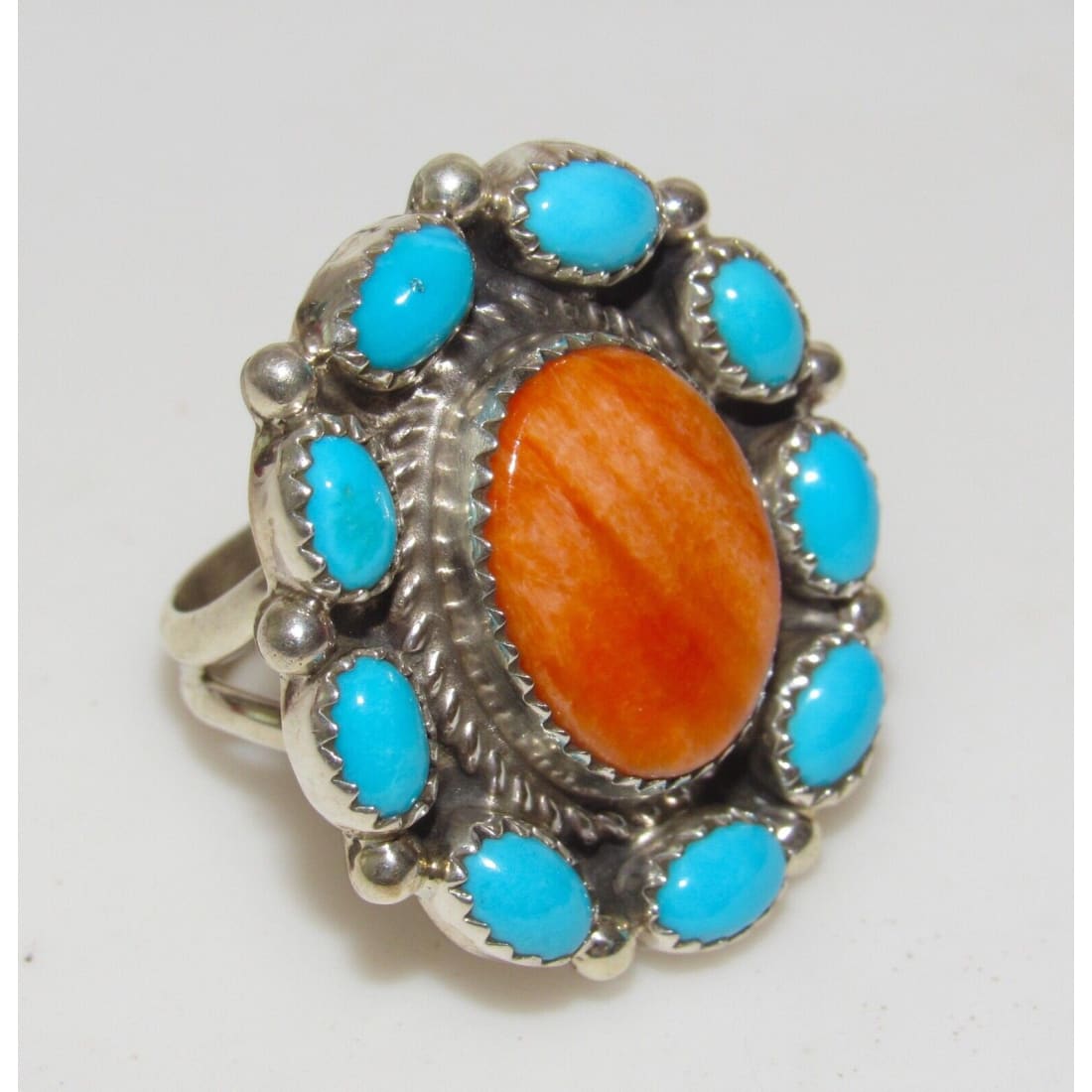 Navajo Royston Turquoise Orange Spiny Cluster Ring Sz 8 