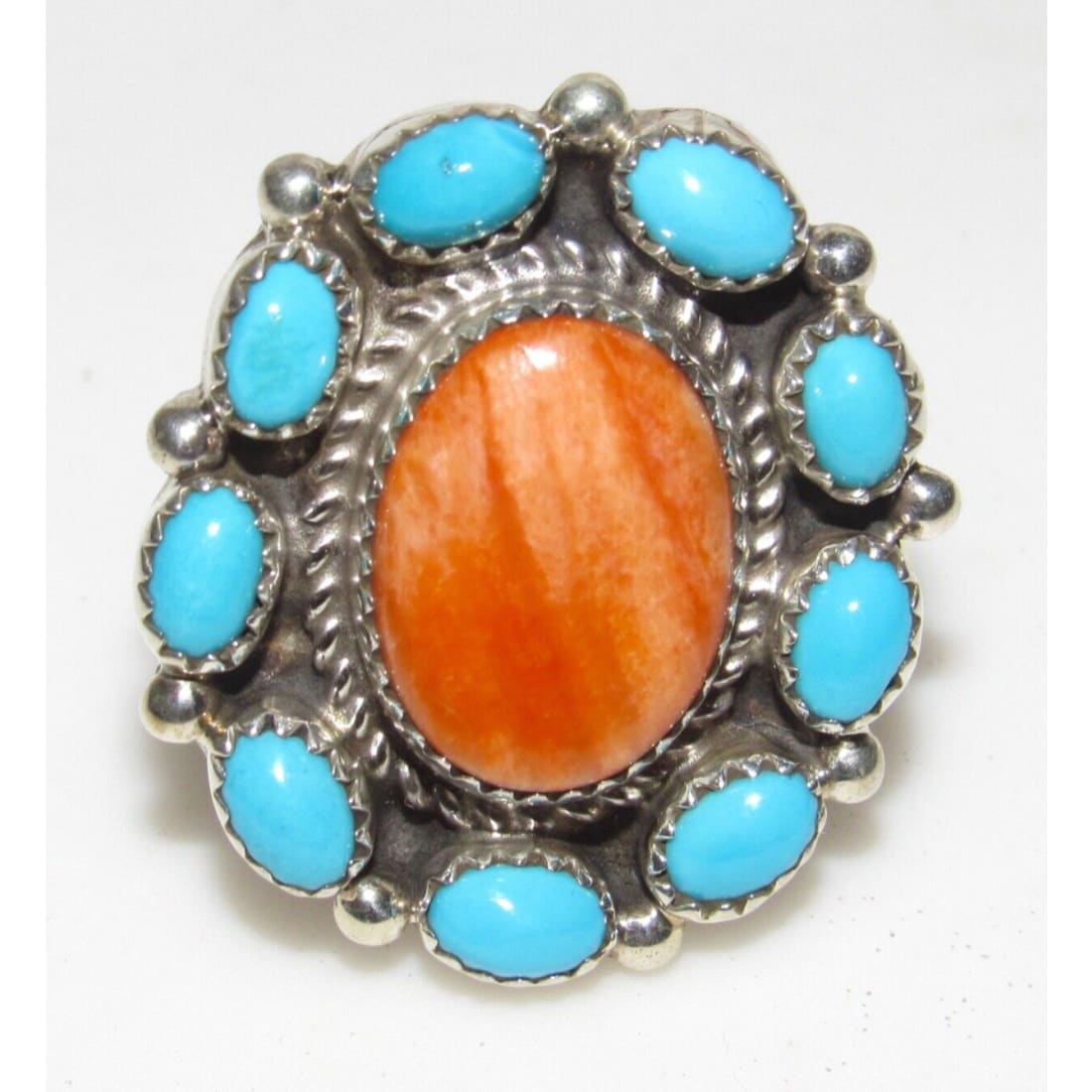 Navajo Royston Turquoise Orange Spiny Cluster Ring Sz 8 