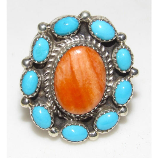 Navajo Royston Turquoise Orange Spiny Cluster Ring Sz 8 