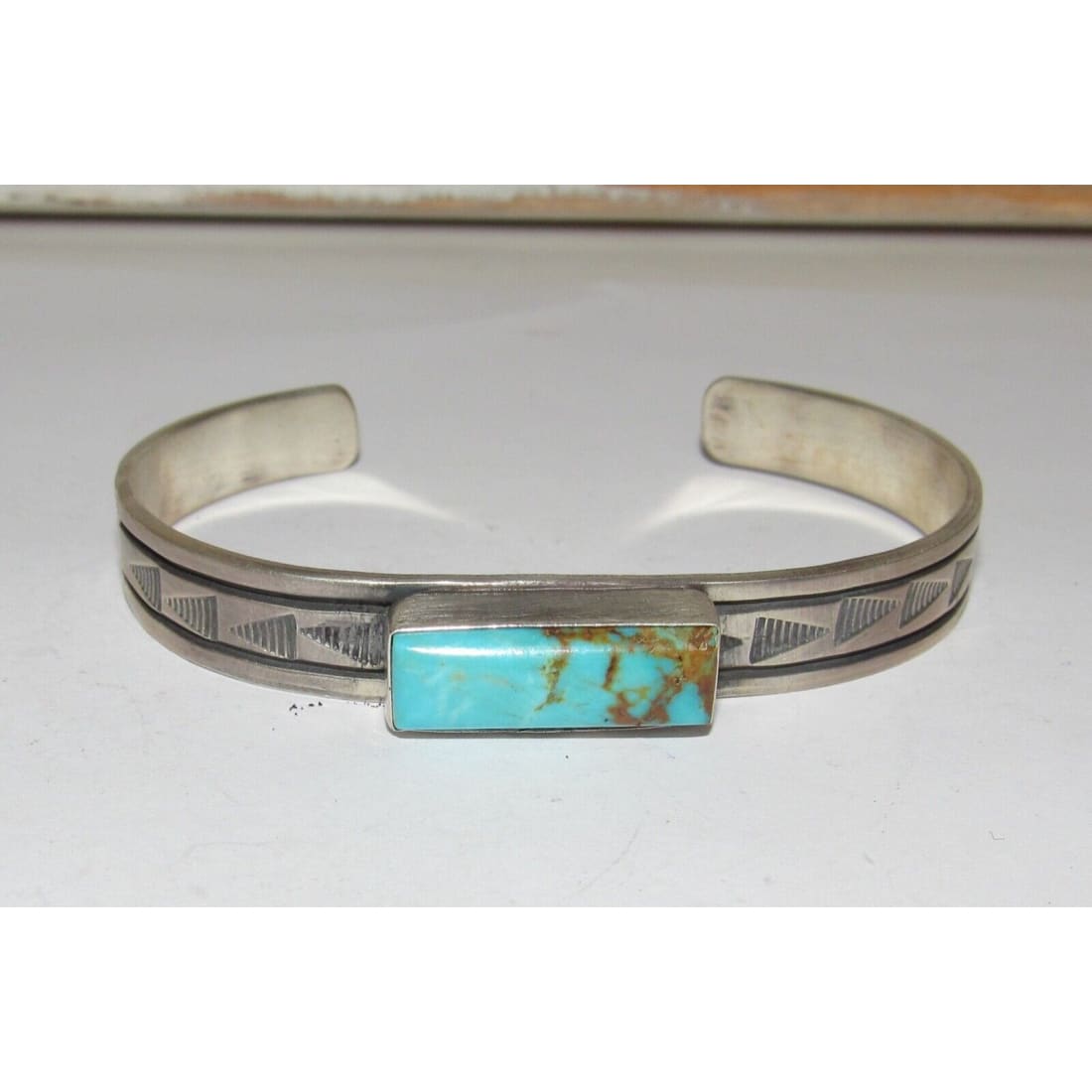 Navajo Royston Turquoise Stacker Cuff Sterling Hand Etched 