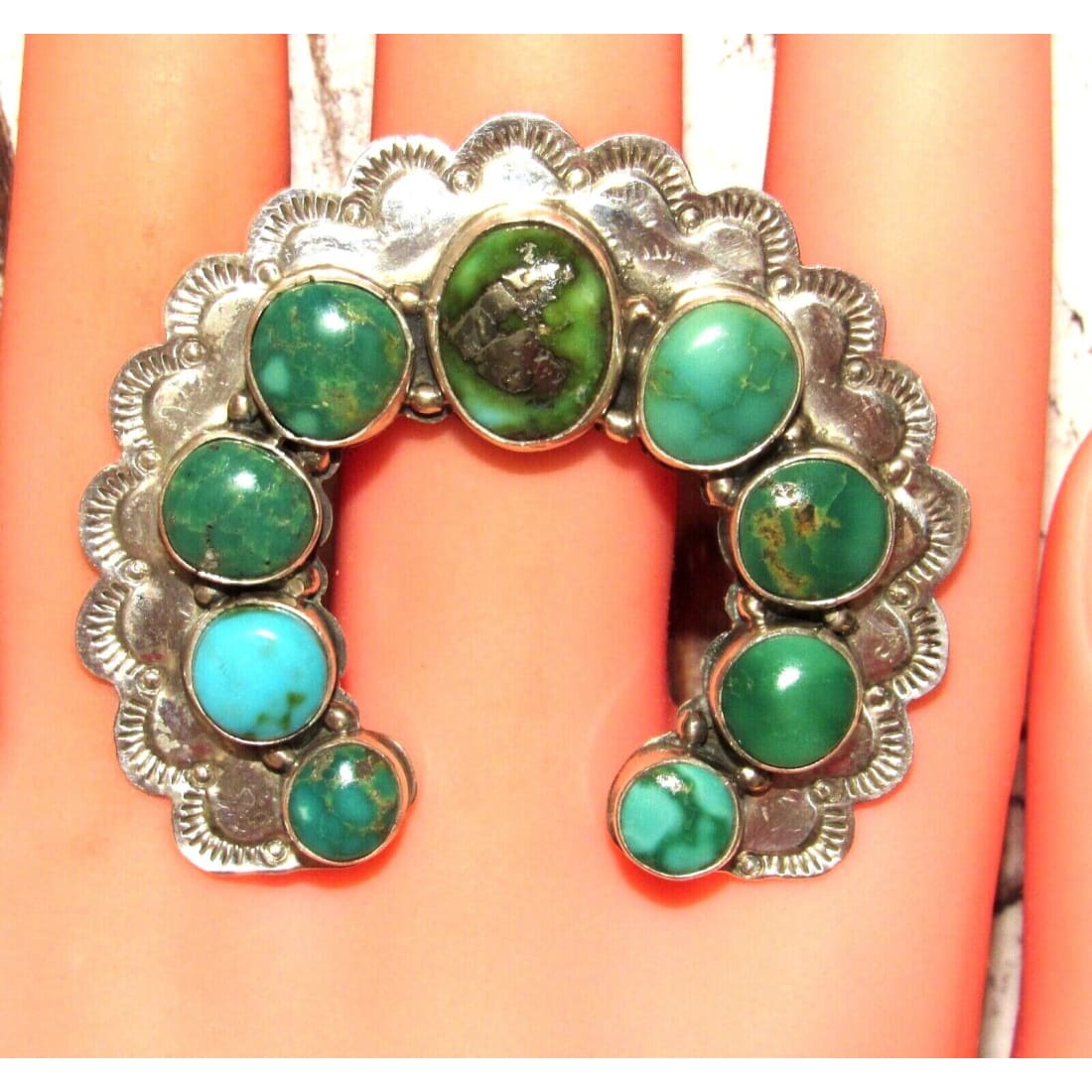Navajo Royston Turquoise Statement Naja Ring Size 7 Adjsutable Sterling Silver Native American
