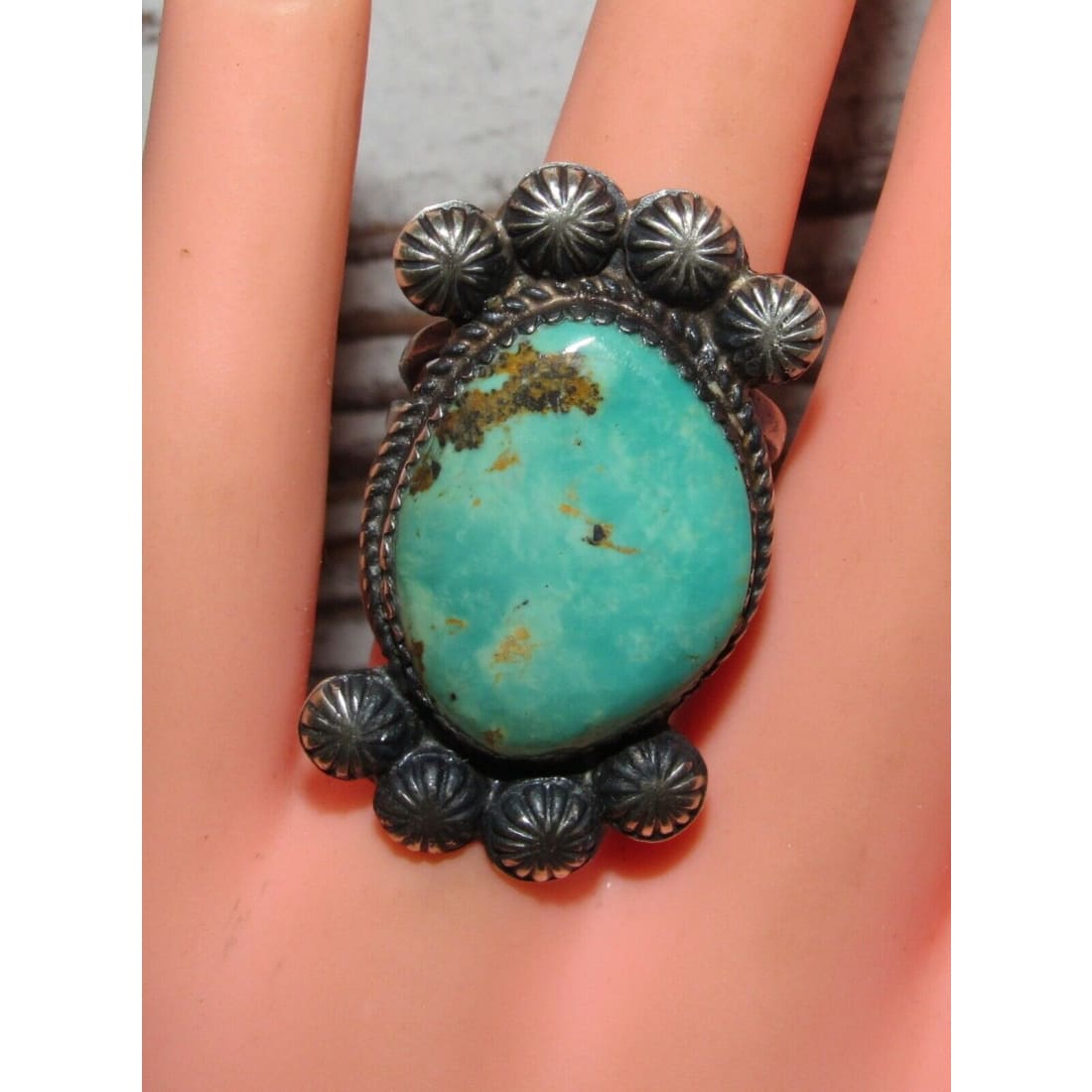 Navajo Royston Turquoise Statement Ring Sz 7.5 Sterling 