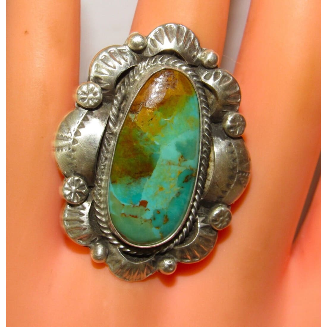 Navajo Royston Turquoise Statement Ring Sz 9 Sterling Silver