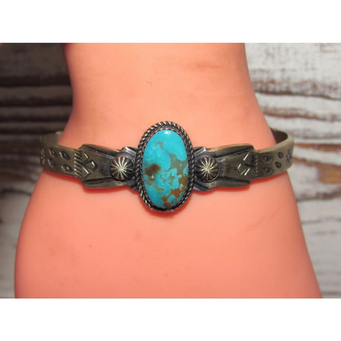 Navajo Royston Turquoise Sterling Hand Etched Stacker Cuff 