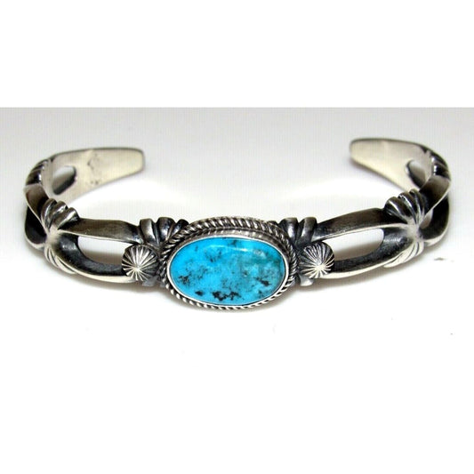 Navajo Sand Cast Cuff Bracelet Sterling Kingman Turquoise 