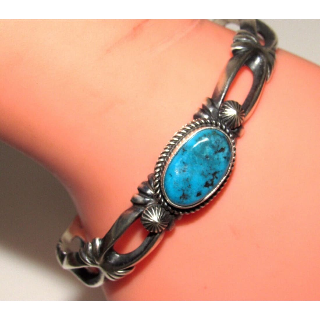 Navajo Sand Cast Cuff Bracelet Sterling Kingman Turquoise 