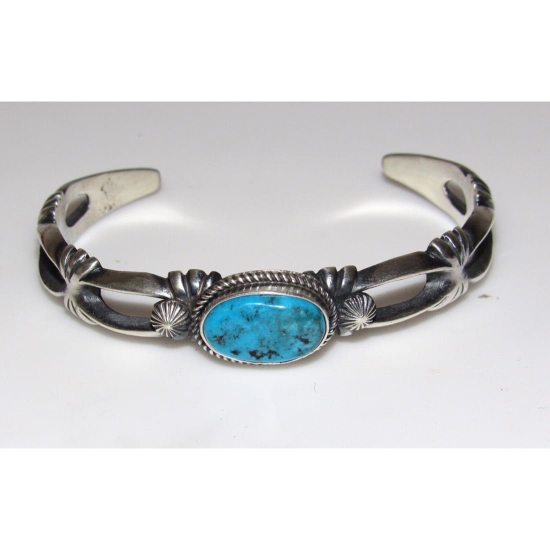 Navajo Sand Cast Cuff Bracelet Sterling Kingman Turquoise 