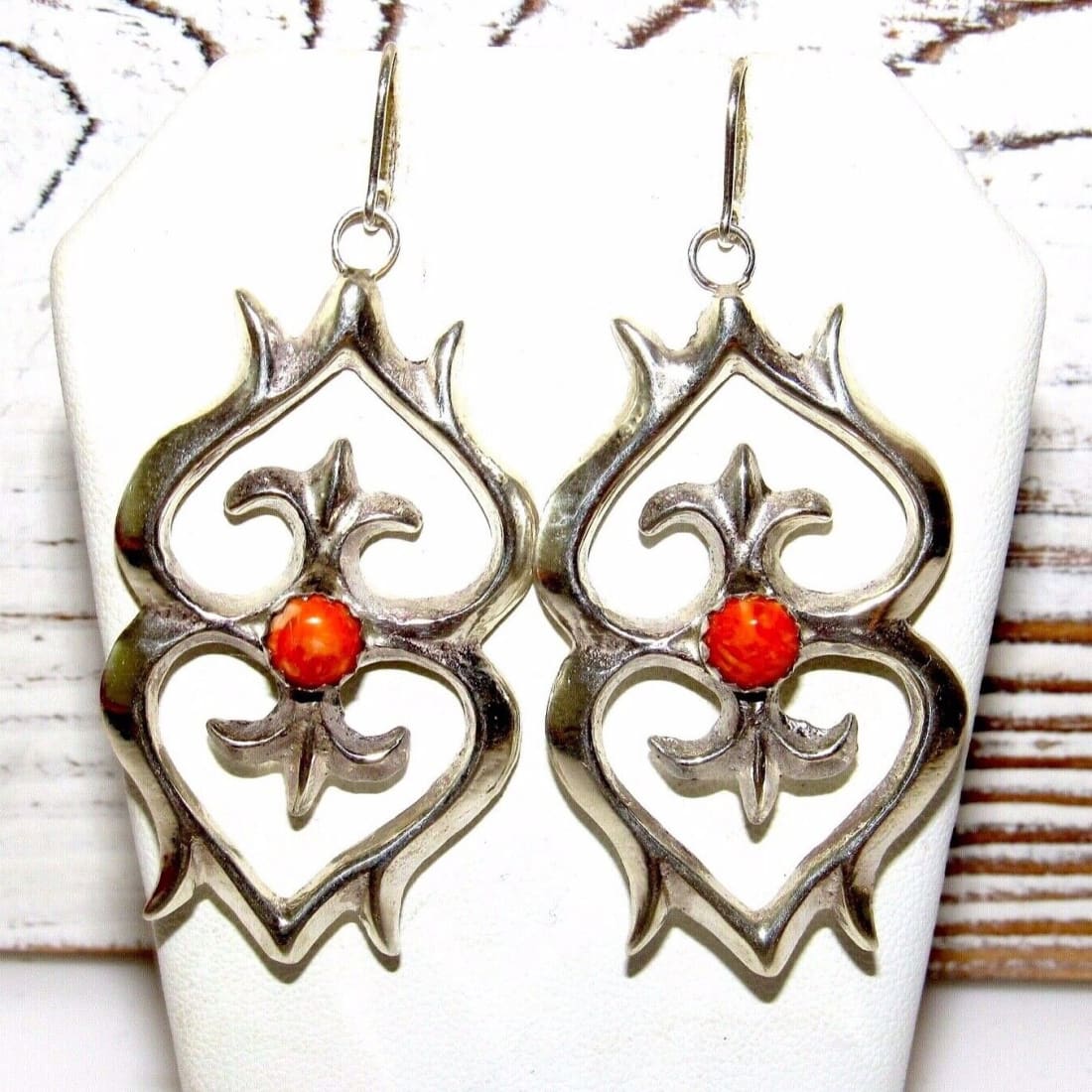 Navajo Sand Cast Earrings Orange Spniny Sterling Dangle Native American Signed Native American