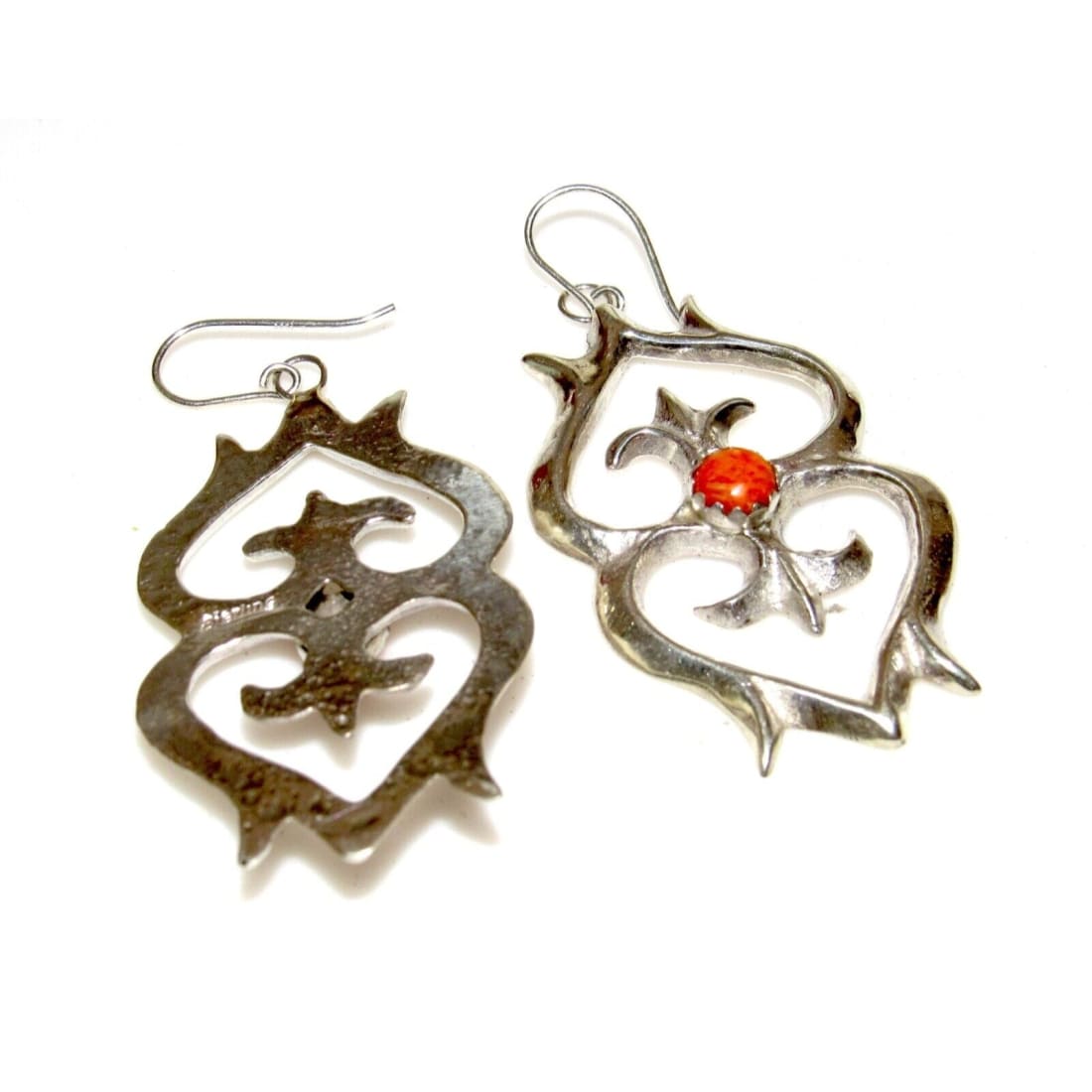 Navajo Sand Cast Earrings Orange Spniny Sterling Dangle Native American Signed Native American