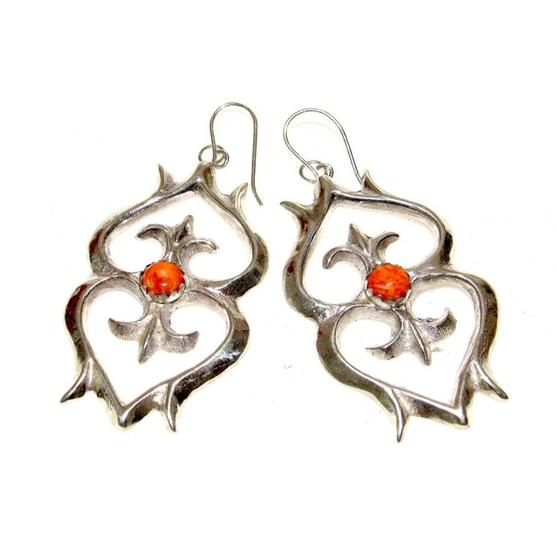 Navajo Sand Cast Earrings Orange Spniny Sterling Dangle Native American Signed Native American