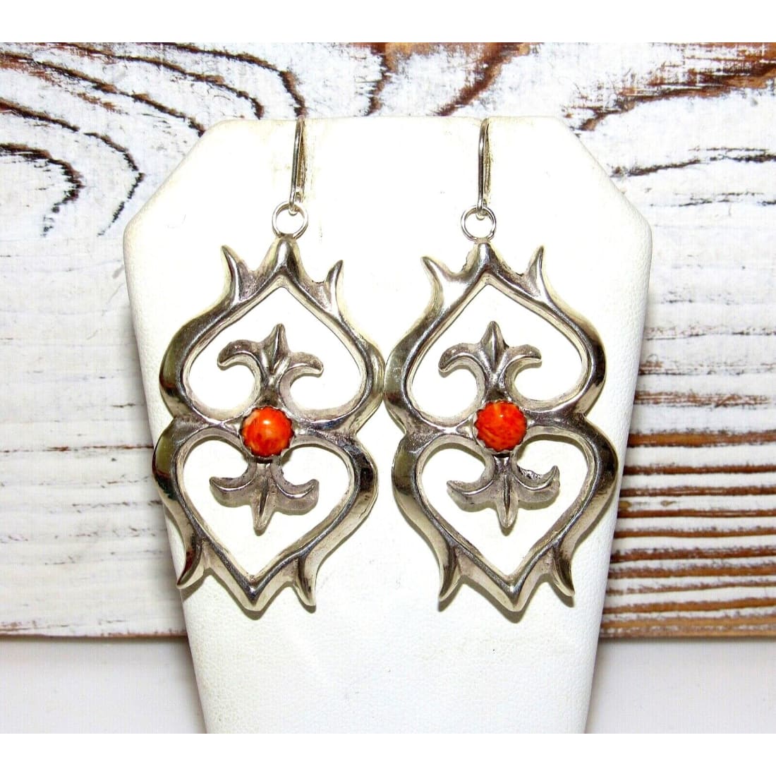 Navajo Sand Cast Earrings Orange Spniny Sterling Dangle Native American Signed Native American