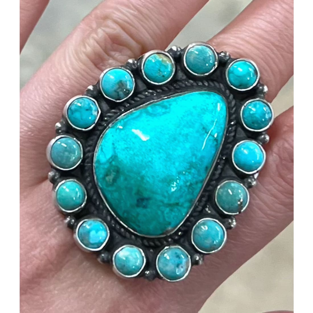 Navajo Sonoran Gold Turquoise Cluster Ring Sterling Silver
