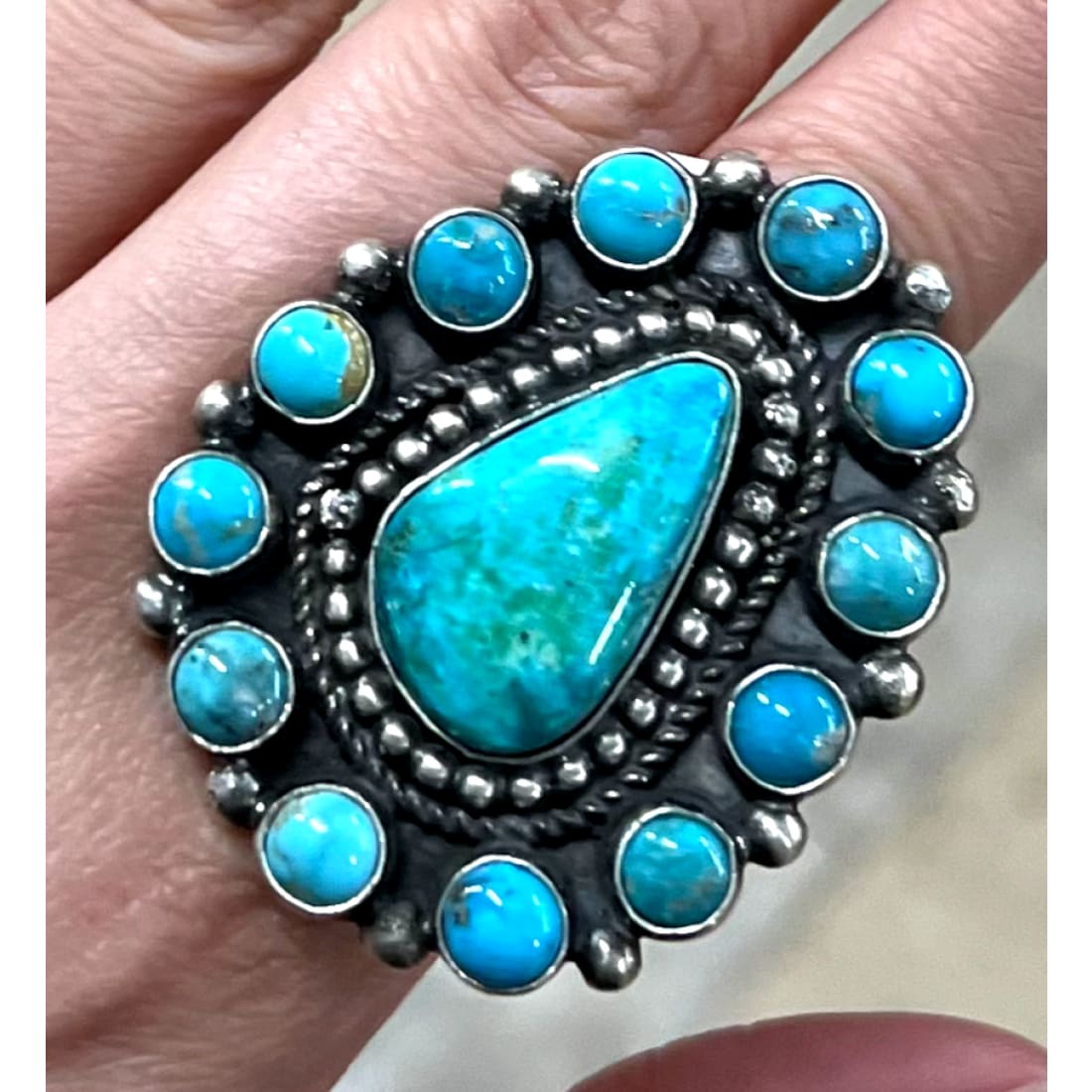 Navajo Sonoran Gold Turquoise Cluster Ring Sterling Silver