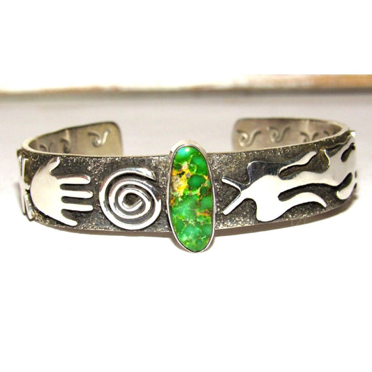 Navajo Sonoran Gold Turquoise Petroglyph Bracelet Sterling
