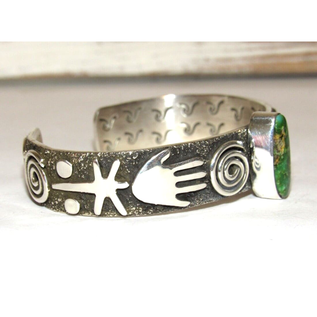 Navajo Sonoran Gold Turquoise Petroglyph Bracelet Sterling