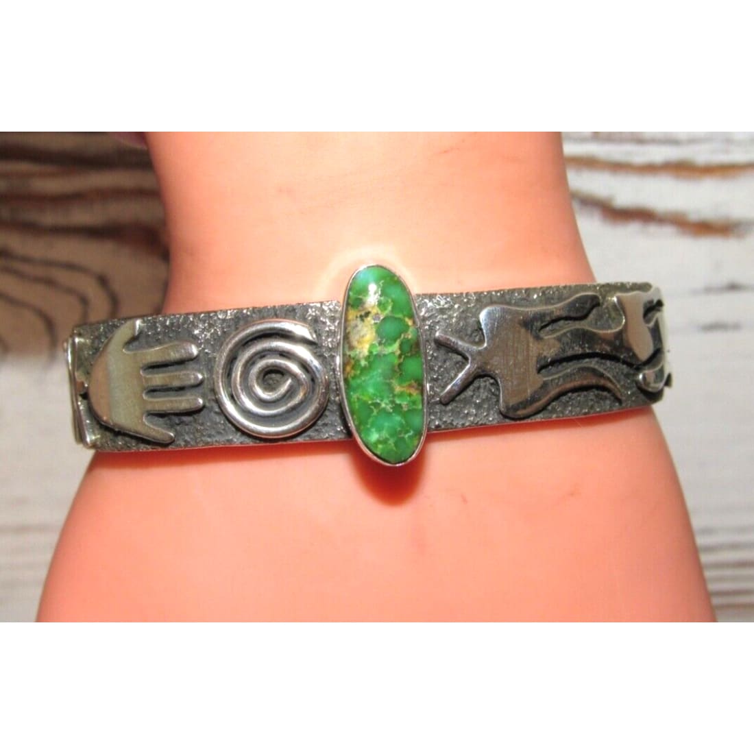 Navajo Sonoran Gold Turquoise Petroglyph Bracelet Sterling