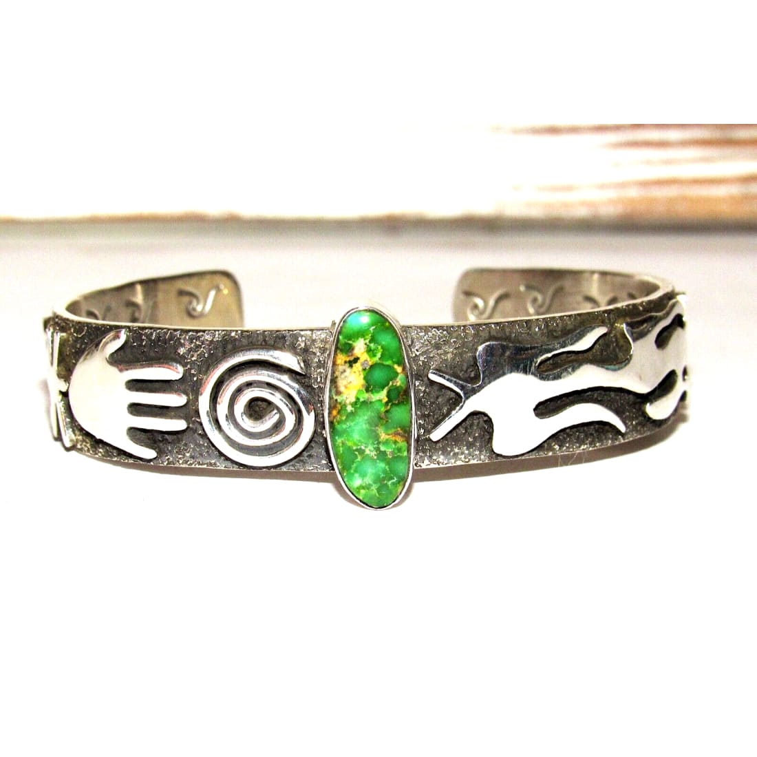 Navajo Sonoran Gold Turquoise Petroglyph Bracelet Sterling