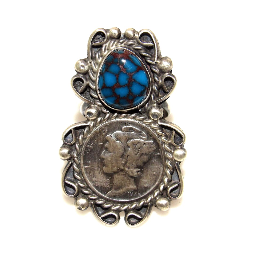 Navajo Spiderweb Kingman Turquoise Liberty Coin Ring Size 7 