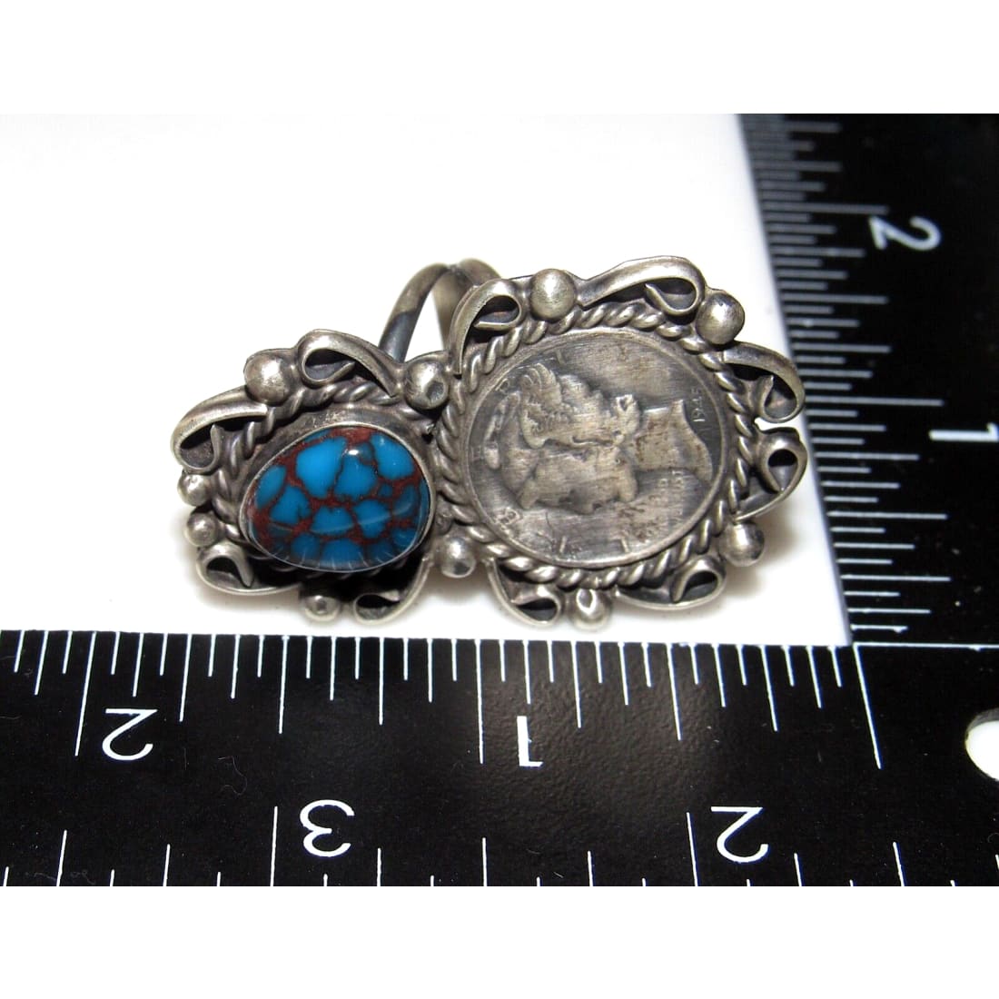 Navajo Spiderweb Kingman Turquoise Liberty Coin Ring Size 7 