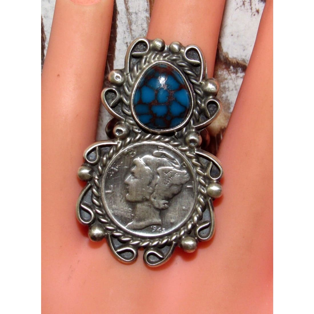 Navajo Spiderweb Kingman Turquoise Liberty Coin Ring Size 7 