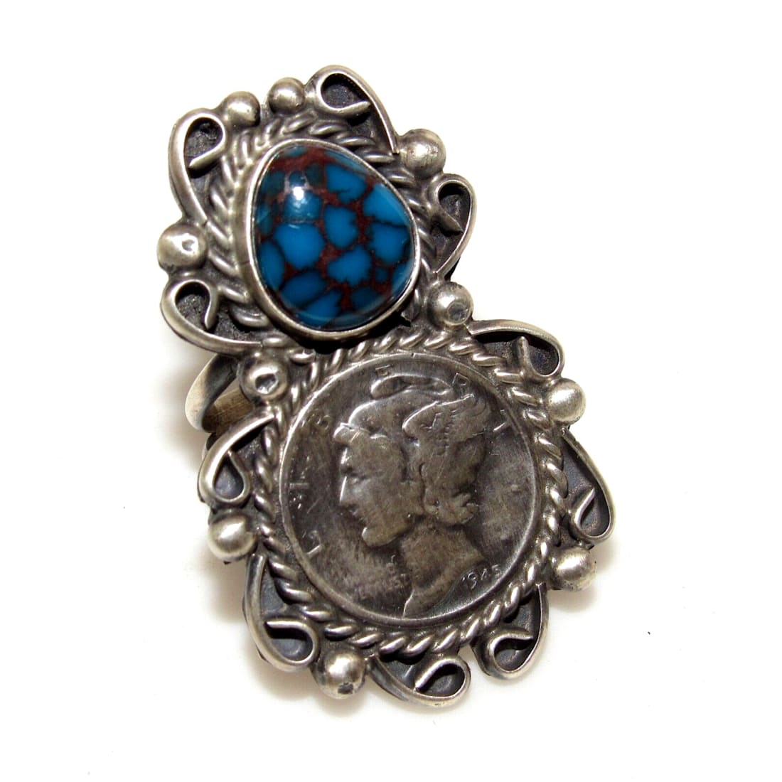 Navajo Spiderweb Kingman Turquoise Liberty Coin Ring Size 7 