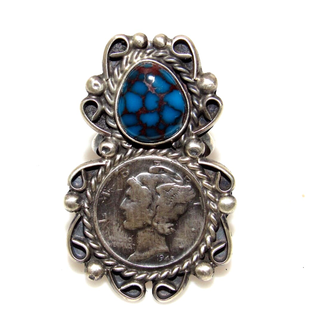 Navajo Spiderweb Kingman Turquoise Liberty Coin Ring Size 7 