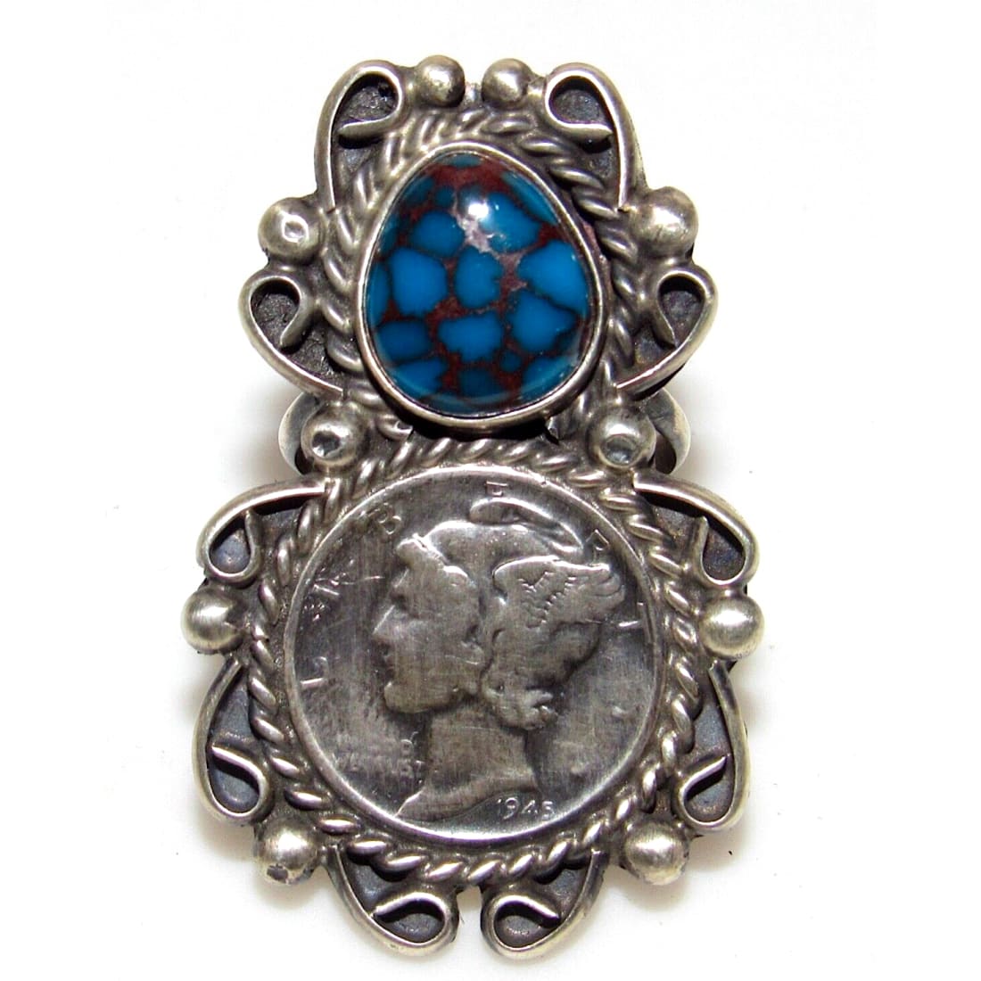 Navajo Spiderweb Kingman Turquoise Liberty Coin Ring Size 7 