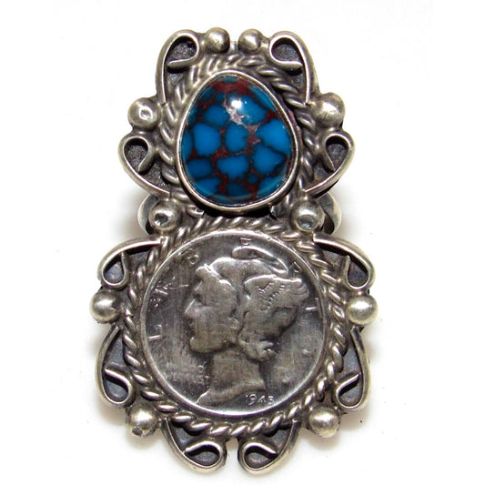 Navajo Spiderweb Kingman Turquoise Liberty Coin Ring Size 7 