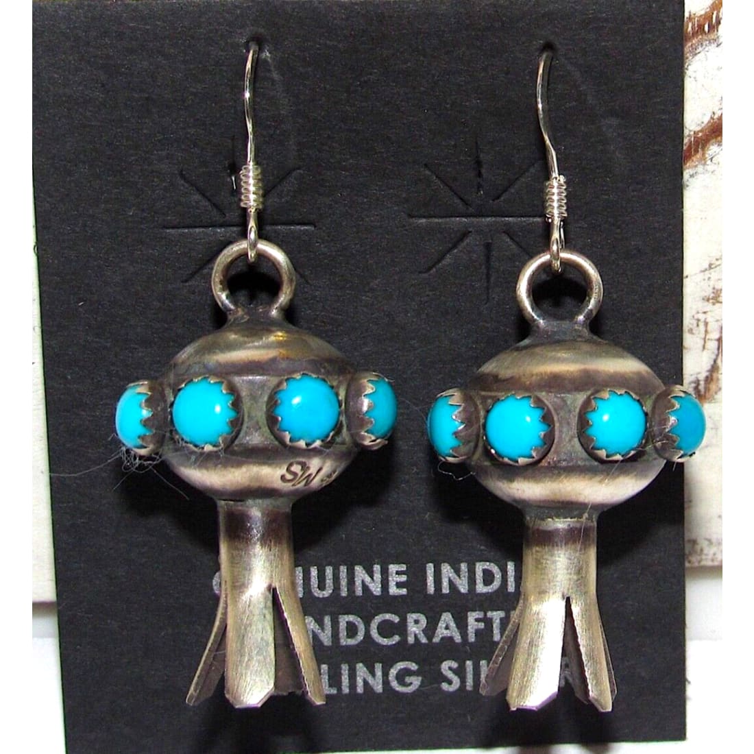 Navajo Squash Blossom Earrings Sterling Silver Turquoise 