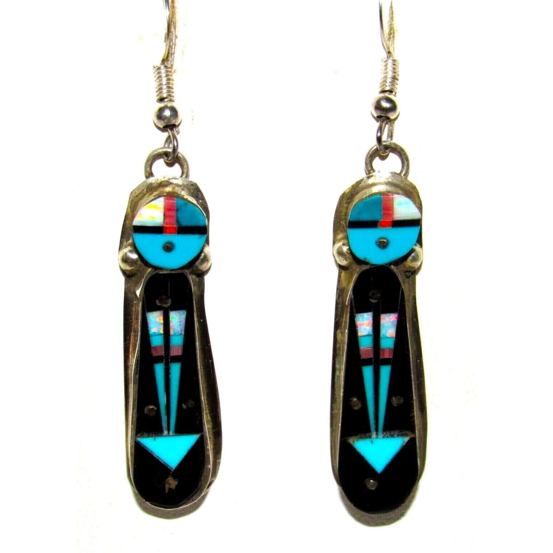 Navajo Sunface Kachina Earrings Jet Opal Inlay Sterling Silver Signed Native American