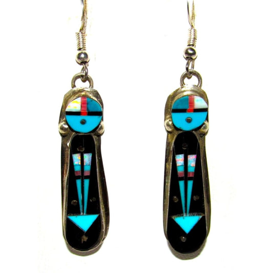 Navajo Sunface Kachina Earrings Jet Opal Inlay Sterling Silver Signed Native American