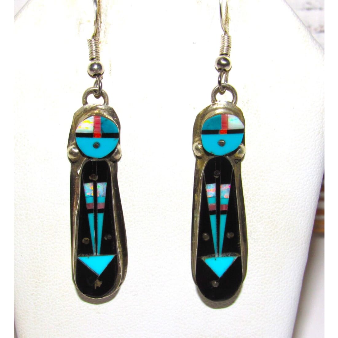Navajo Sunface Kachina Earrings Jet Opal Inlay Sterling Silver Signed Native American