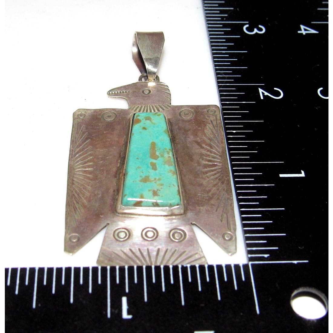 Navajo Thunderbird Pendant Hand Stamped Sterling Silver Royston Turquoise Native American