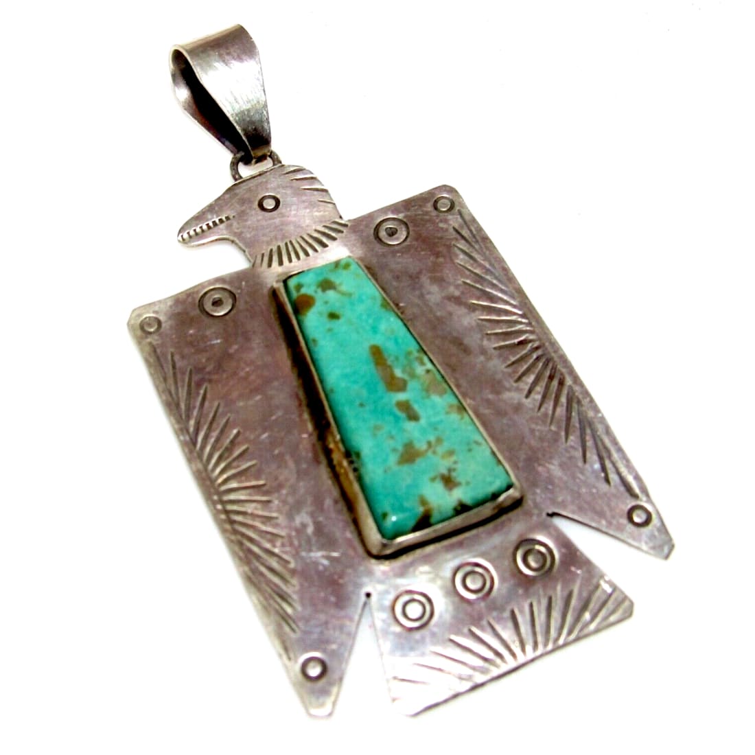Navajo Thunderbird Pendant Hand Stamped Sterling Silver Royston Turquoise Native American