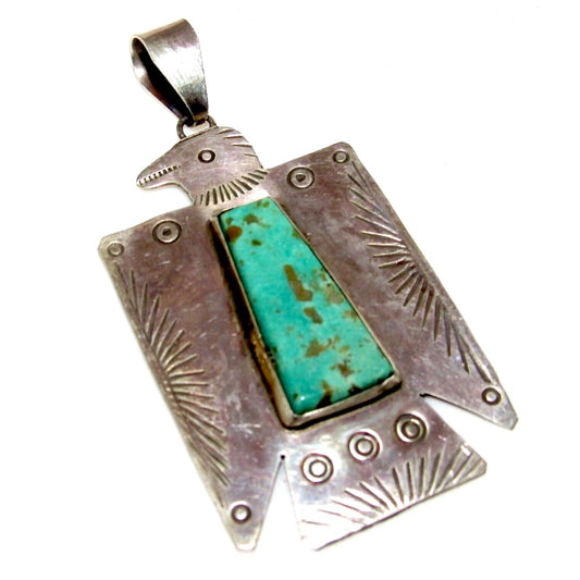 Navajo Thunderbird Pendant Hand Stamped Sterling Silver Royston Turquoise Native American
