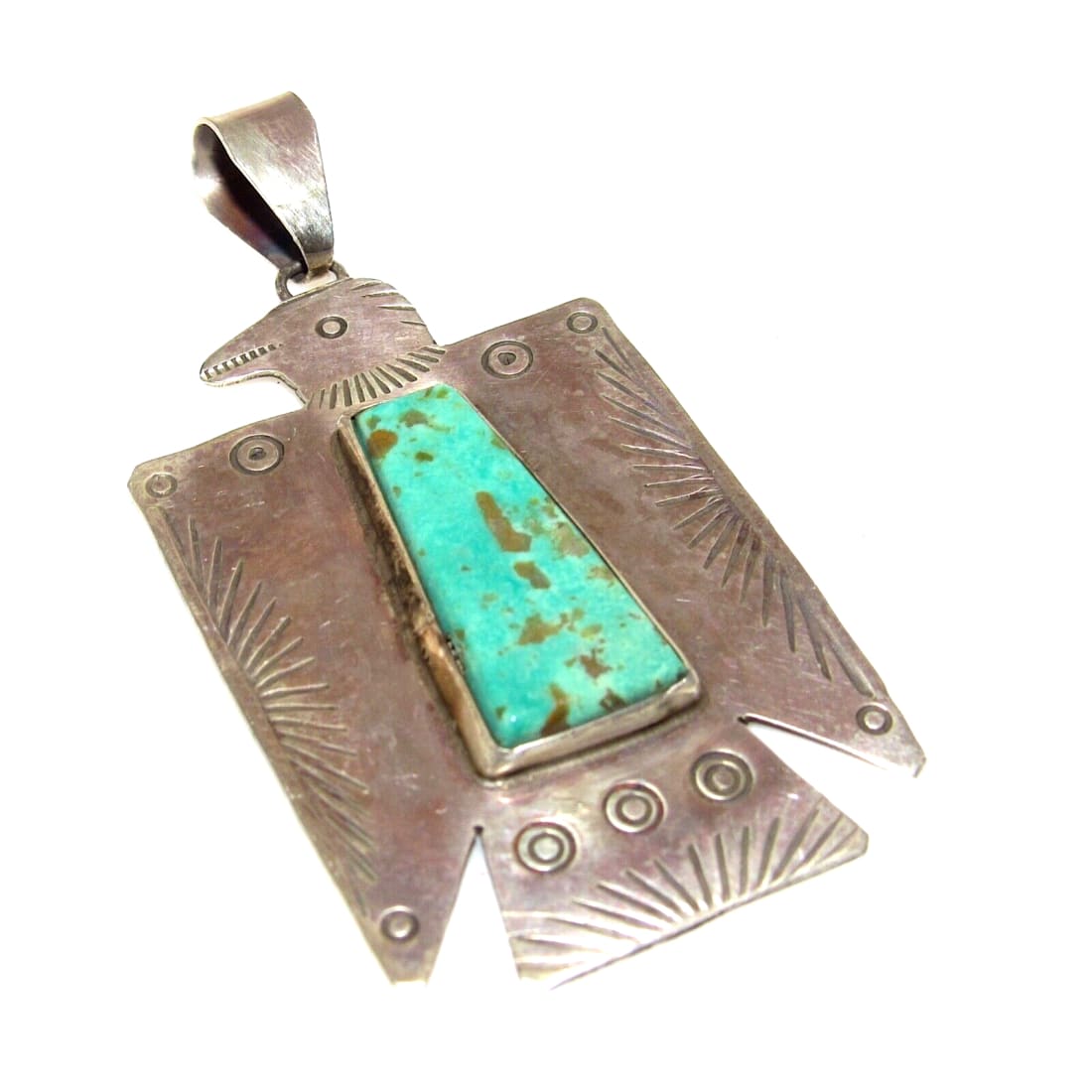 Navajo Thunderbird Pendant Hand Stamped Sterling Silver Royston Turquoise Native American