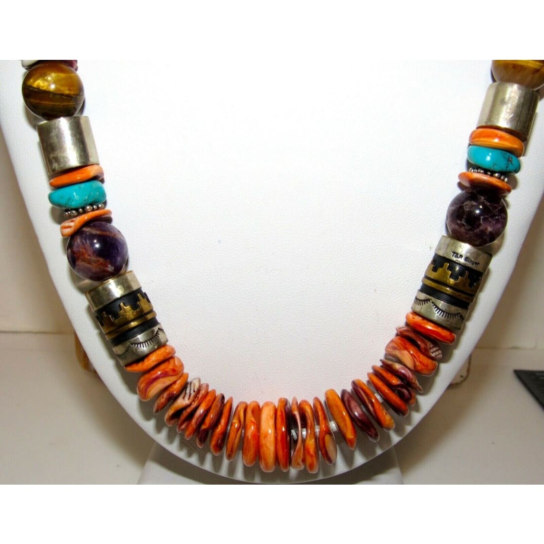 Navajo Tommy Singer Orange Spiny Heishi Necklace Sterling 