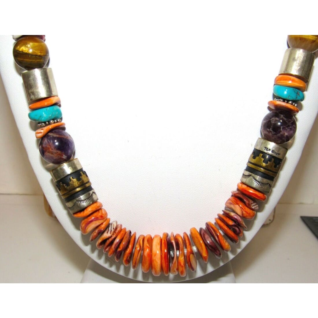Navajo Tommy Singer Orange Spiny Heishi Necklace Sterling 