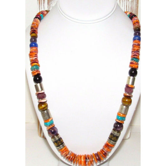 Navajo Tommy Singer Orange Spiny Heishi Necklace Sterling 