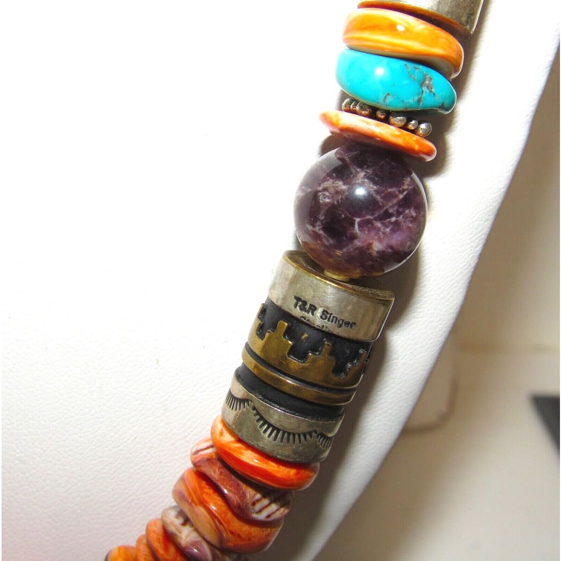 Navajo Tommy Singer Orange Spiny Heishi Necklace Sterling 