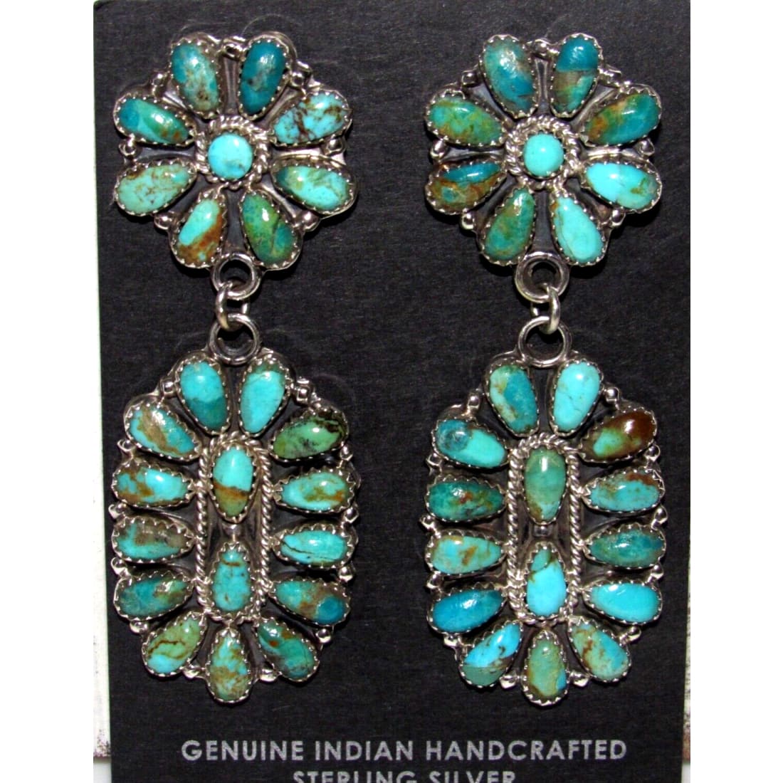 Navajo Turquoise Cluster Dangle Earrings Sterling Silver 
