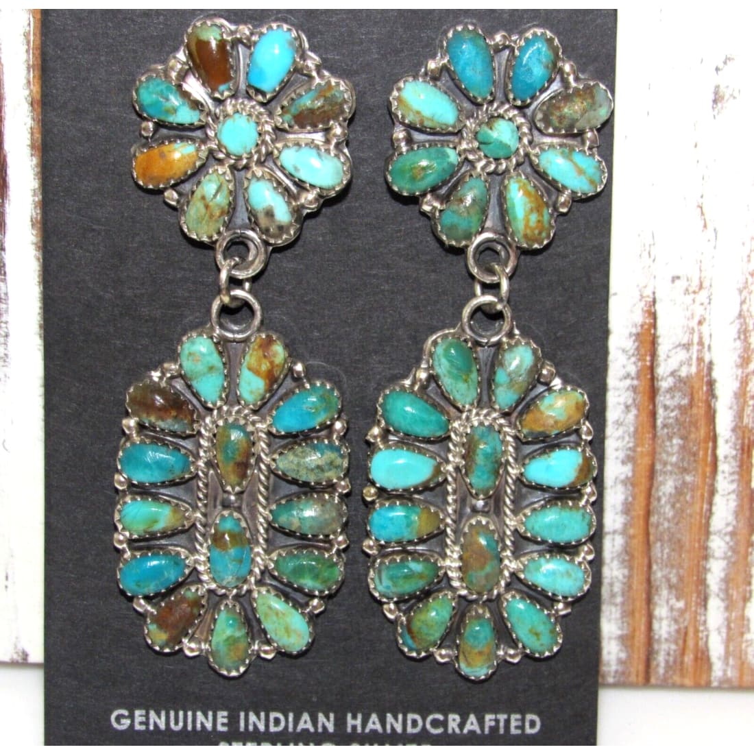 Navajo Turquoise Cluster Dangle Earrings Sterling Silver 